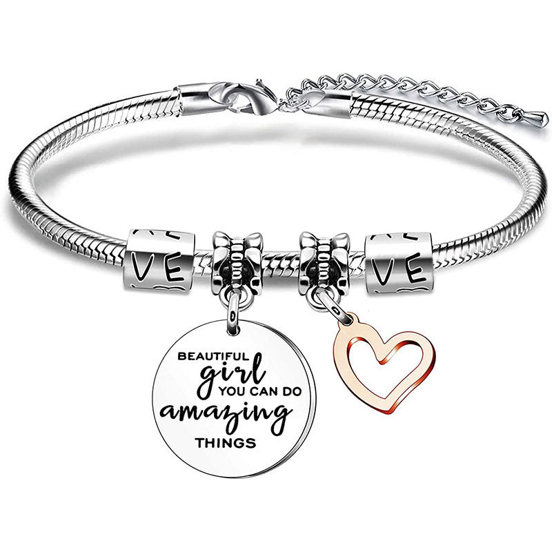 Sweet Streetwear Letter Heart Shape Stainless Steel Carving Bangle