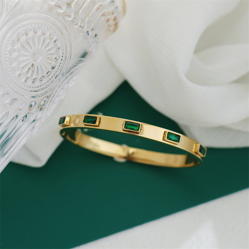 Casual Simple Style Round Square Stripe Stainless Steel Plating Inlay Zircon 18k Gold Plated Bangle