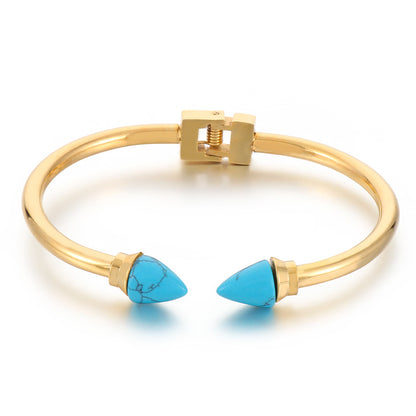 Retro Round Turquoise Titanium Steel Plating 18k Gold Plated