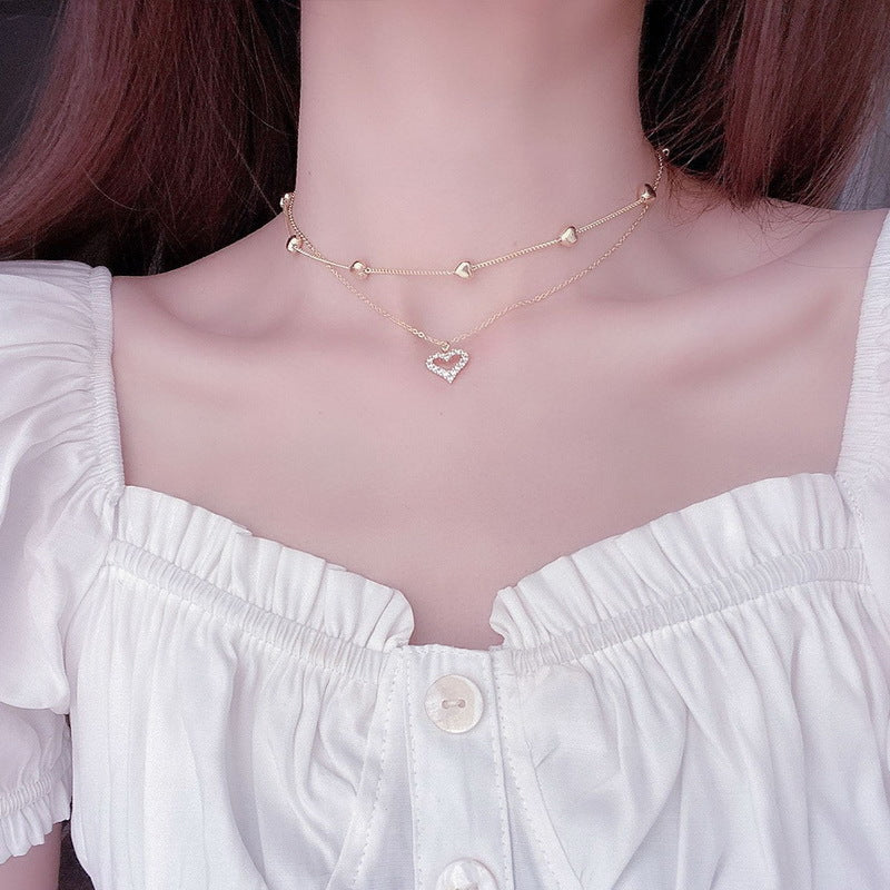 Ig Style Korean Style Heart Shape Gold Plated Rhinestones Alloy Iron Wholesale Layered Necklaces
