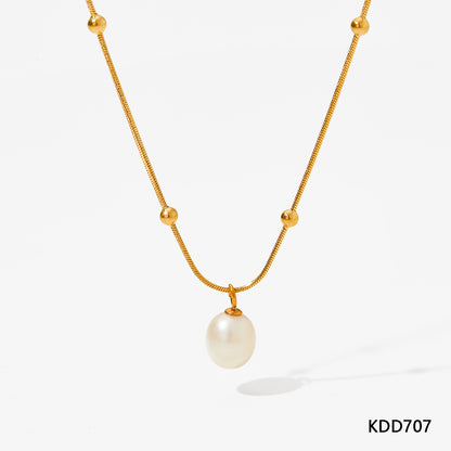 Classic Style Solid Color Stainless Steel Pearl Pendant Necklace