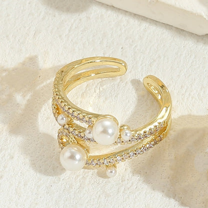 Classic Style Solid Color Copper Plating Inlay Pearl Zircon 14k Gold Plated Rings