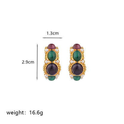 1 Pair Commute Round Plating Inlay Imitation Pearl Copper Turquoise Agate 18k Gold Plated Drop Earrings Ear Studs