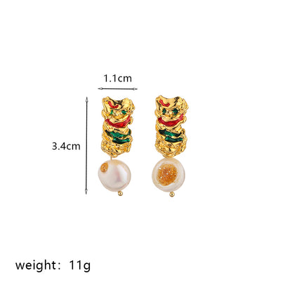 1 Pair Commute Round Plating Inlay Imitation Pearl Copper Turquoise Agate 18k Gold Plated Drop Earrings Ear Studs