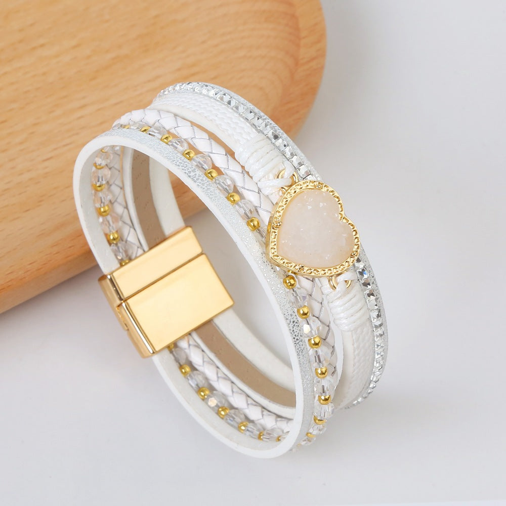 Wholesale Jewelry Elegant Princess Simple Style Heart Shape Pu Leather Alloy Artificial Gemstones Handmade Inlay Bangle