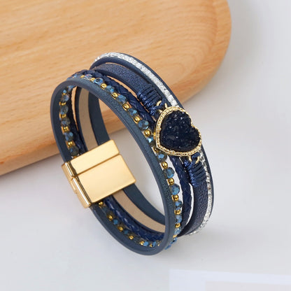 Casual Simple Style Heart Shape Pu Leather Alloy Inlay Rhinestones Women's Wristband