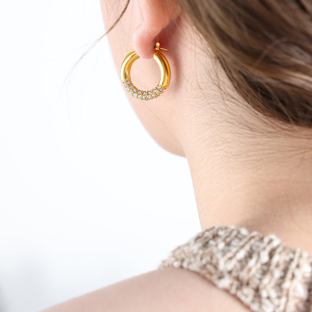 1 Pair Simple Style Shiny Circle Plating Inlay Titanium Steel Rhinestones 18k Gold Plated Earrings
