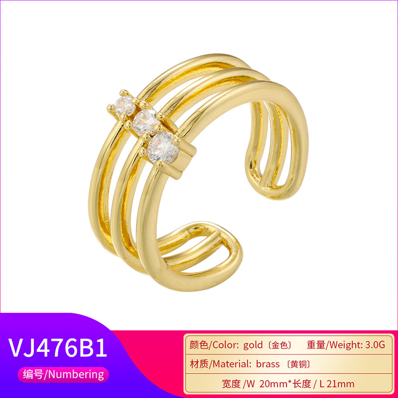 Elegant Shiny Solid Color Copper Plating Inlay Zircon 18k Gold Plated Open Rings