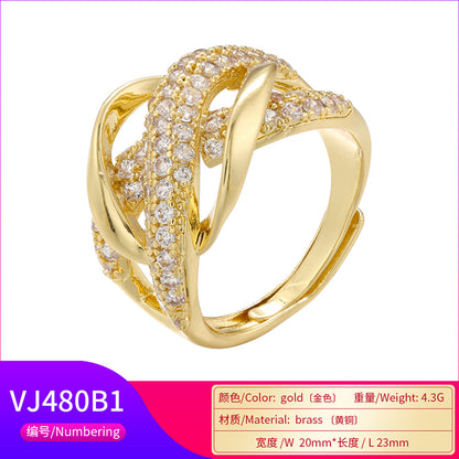 Elegant Shiny Solid Color Copper Plating Inlay Zircon 18k Gold Plated Open Rings