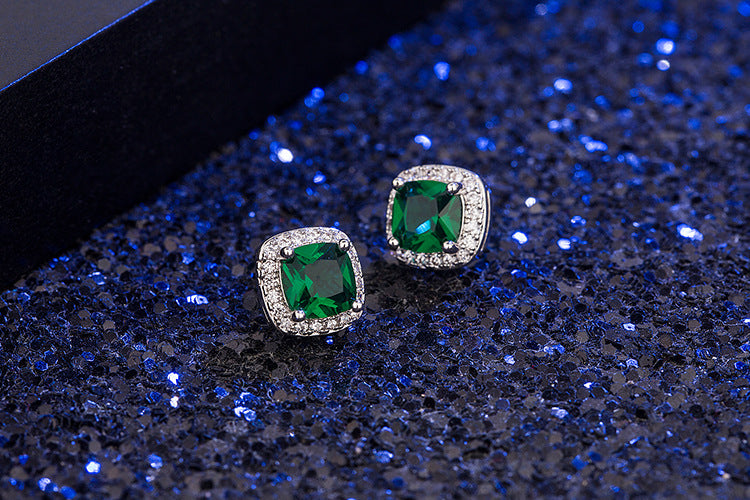 Fashion Square Diamond-set Zircon Emerald Copper Earrings