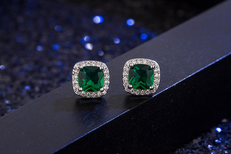 Fashion Square Diamond-set Zircon Emerald Copper Earrings