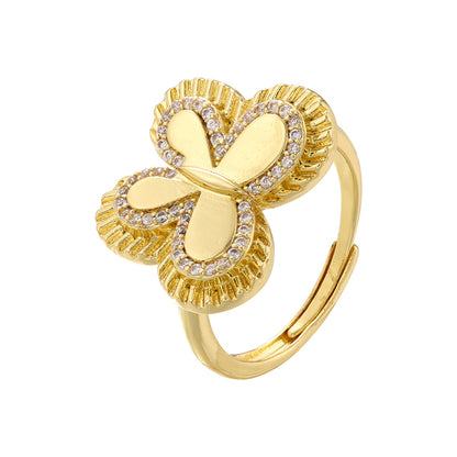 Elegant Luxurious Snake Butterfly Copper Plating Inlay Zircon 18k Gold Plated Open Rings