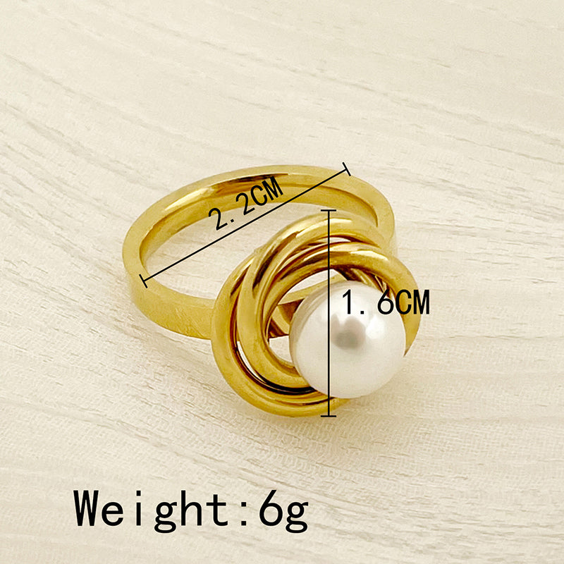 Elegant Round Stainless Steel Plating Inlay Artificial Pearls Gold Plated Rings