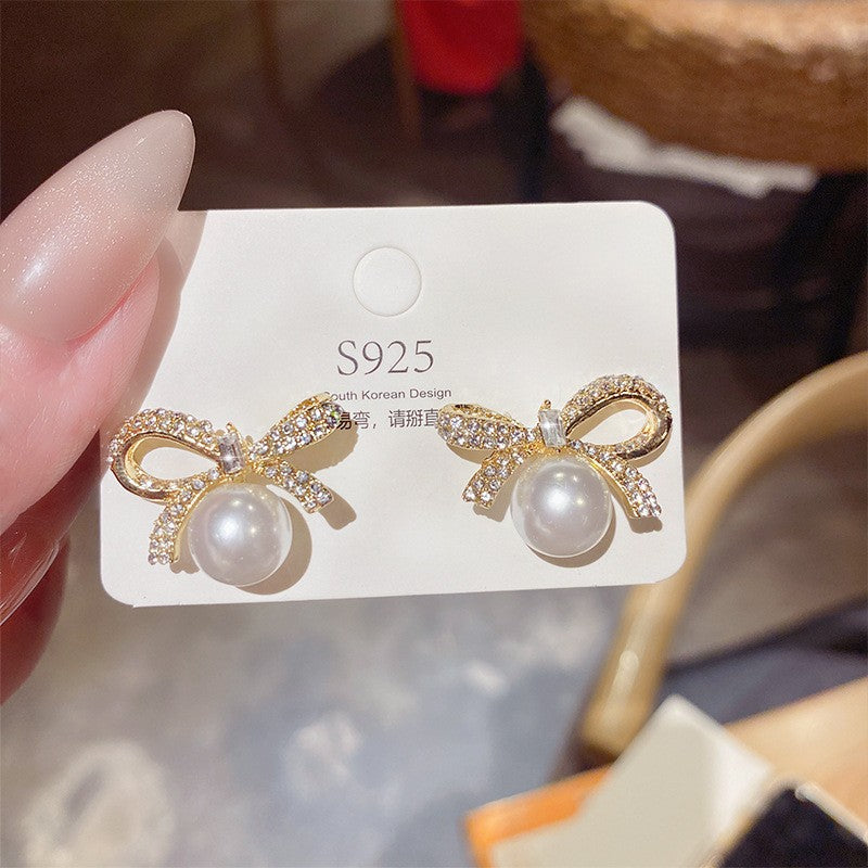 Wholesale Jewelry Sweet Heart Shape Bow Knot Alloy Artificial Pearls Pearl Plating Drop Earrings Ear Studs