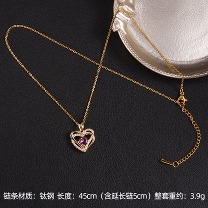 Lady Korean Style Geometric Square Heart Shape Copper Plating Inlay Zircon Pendant Necklace