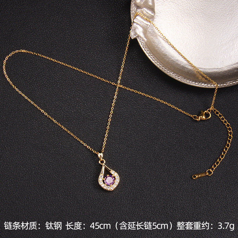 Lady Korean Style Geometric Square Heart Shape Copper Plating Inlay Zircon Pendant Necklace