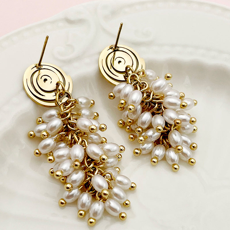 1 Pair Retro Tassel Polishing Plating Inlay Stainless Steel Pearl Gold Plated Drop Earrings