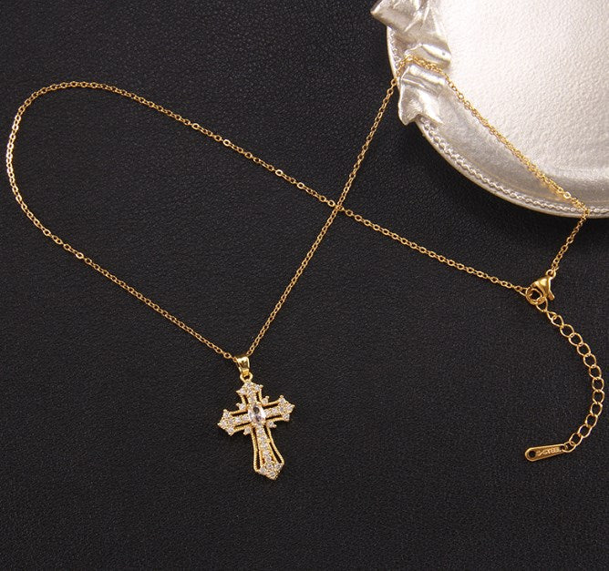 Elegant Lady Cross Copper Plating Inlay Zircon Pendant Necklace