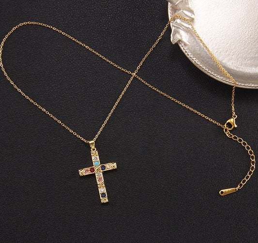 Elegant Lady Cross Copper Plating Inlay Zircon Pendant Necklace