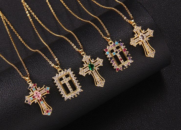 Elegant Lady Cross Copper Plating Inlay Zircon Pendant Necklace