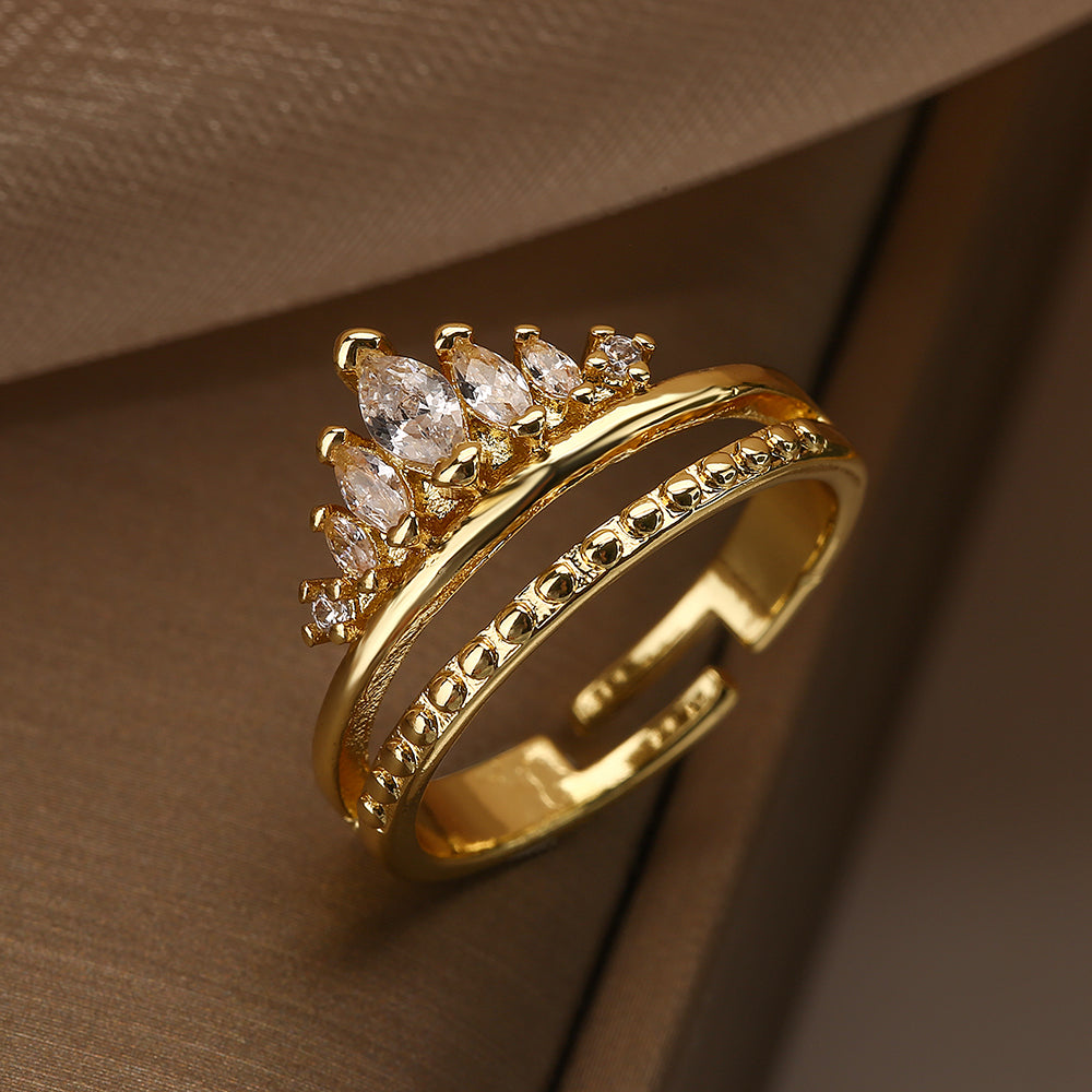 Simple Style Commute Crown Copper Plating Inlay Zircon 18k Gold Plated Open Rings