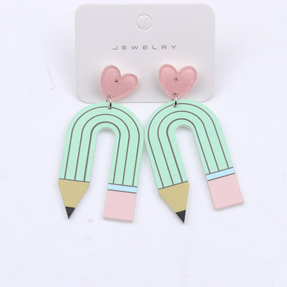 1 Pair Cute U Shape Heart Shape Pencil Printing Spray Paint Arylic Drop Earrings