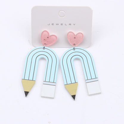 1 Pair Cute U Shape Heart Shape Pencil Printing Spray Paint Arylic Drop Earrings