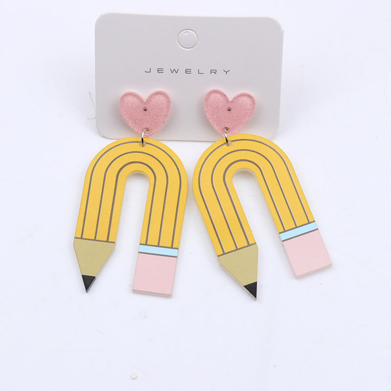 1 Pair Cute U Shape Heart Shape Pencil Printing Spray Paint Arylic Drop Earrings