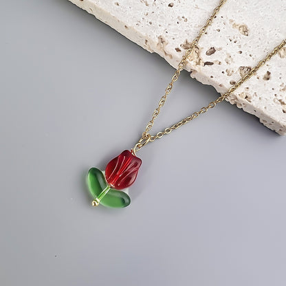 Elegant Flower Stainless Steel Glass Pendant Necklace