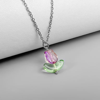 Elegant Flower Stainless Steel Glass Pendant Necklace