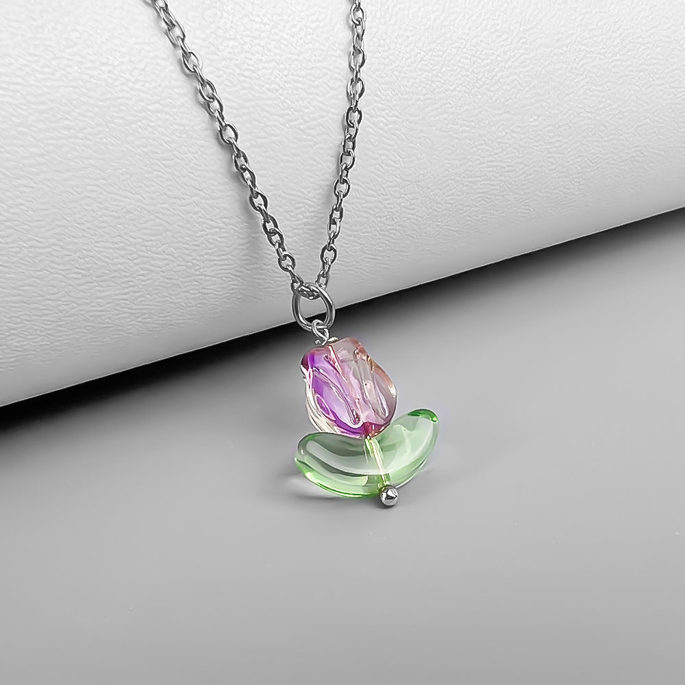 Elegant Flower Stainless Steel Glass Pendant Necklace