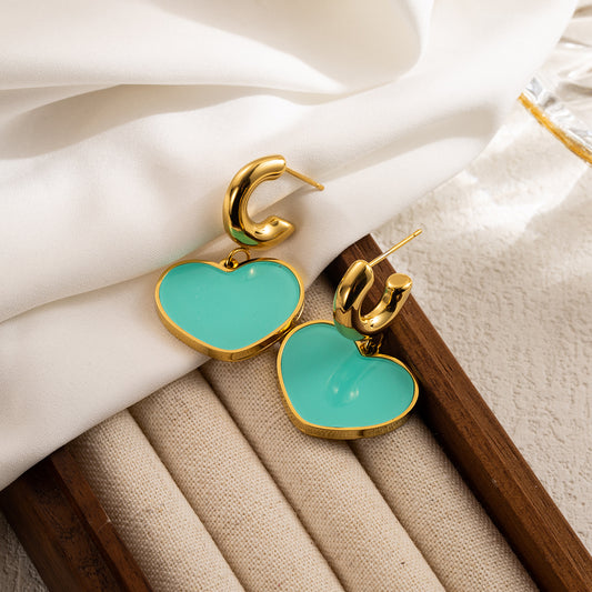 1 Pair Cute Sweet Solid Color Square Heart Shape Enamel Plating Stainless Steel Gold Plated Drop Earrings