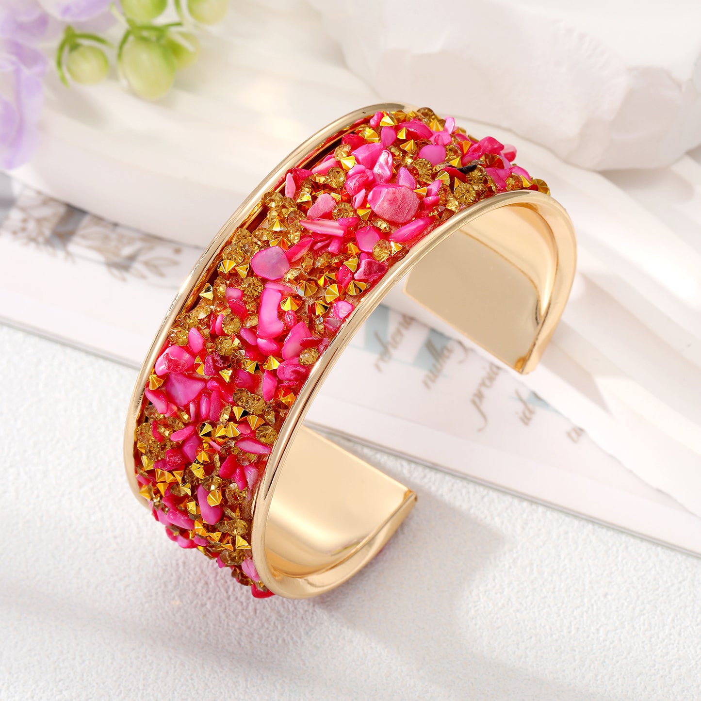 Wholesale Jewelry Ethnic Style Color Block Alloy Natural Stone Inlay Bangle