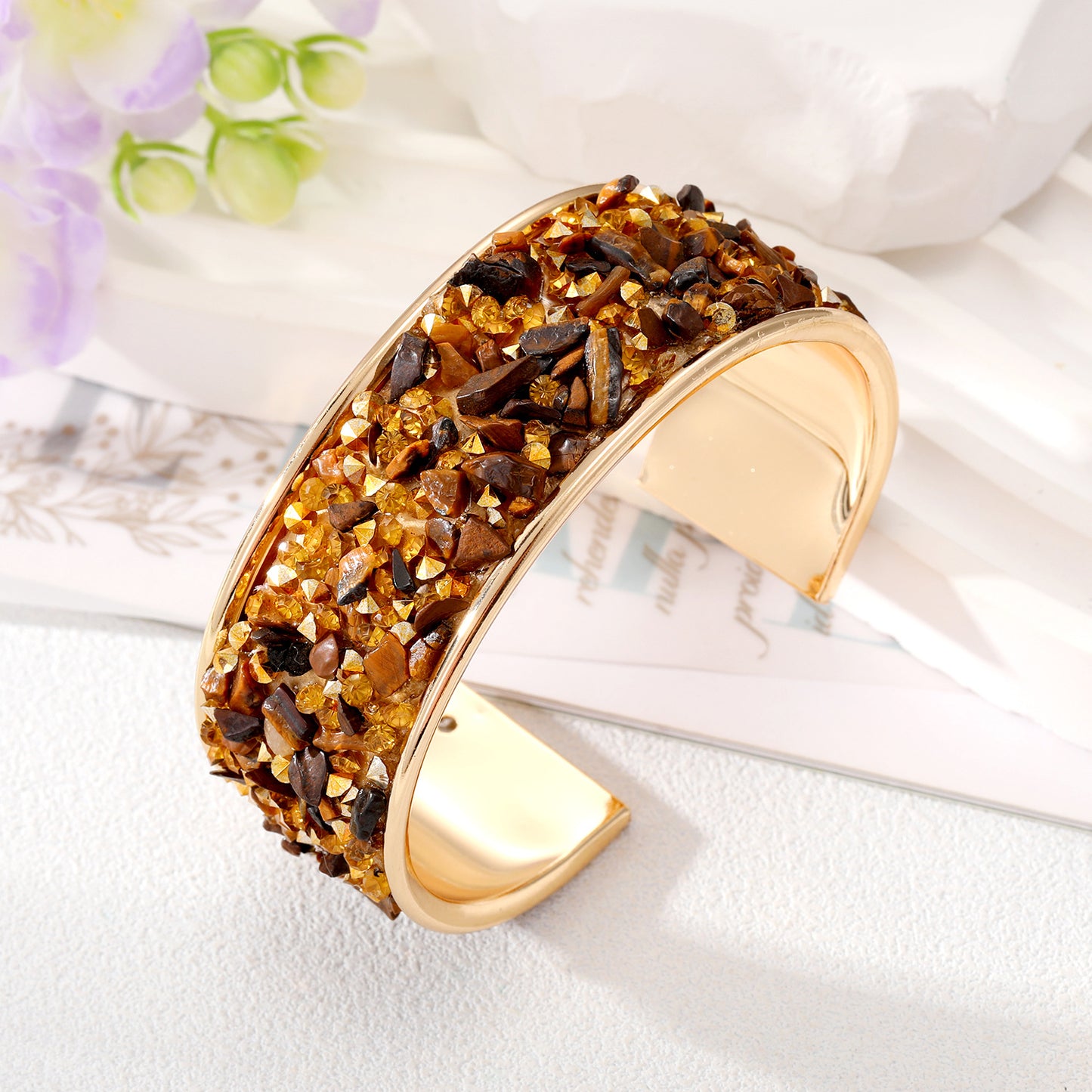 Wholesale Jewelry Ethnic Style Color Block Alloy Natural Stone Inlay Bangle