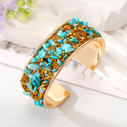 Wholesale Jewelry Ethnic Style Color Block Alloy Natural Stone Inlay Bangle