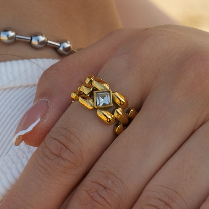 Ig Style Asymmetrical Stainless Steel Asymmetrical Plating Inlay Zircon 18k Gold Plated Rings