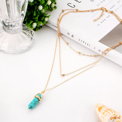 Wholesale Necklace Fashion Jewelry Hexagonal Diamond Gemstone Natural Stone Love Copper Bead Chain Multilayer Necklace