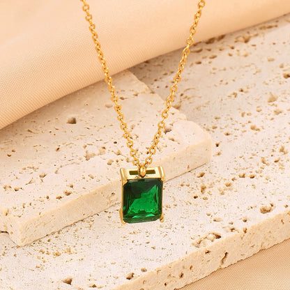 Luxurious Square Stainless Steel Inlay Zircon 18k Gold Plated Pendant Necklace