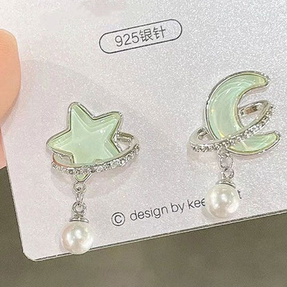 1 Pair Casual Simple Style Star Moon Bow Knot Asymmetrical Plating Inlay Alloy Rhinestones Pearl Ear Studs