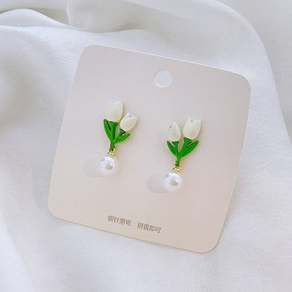 1 Pair Fairy Style Sweet Leaf Flower Spray Paint Inlay Imitation Pearl Alloy Opal Zircon Earrings