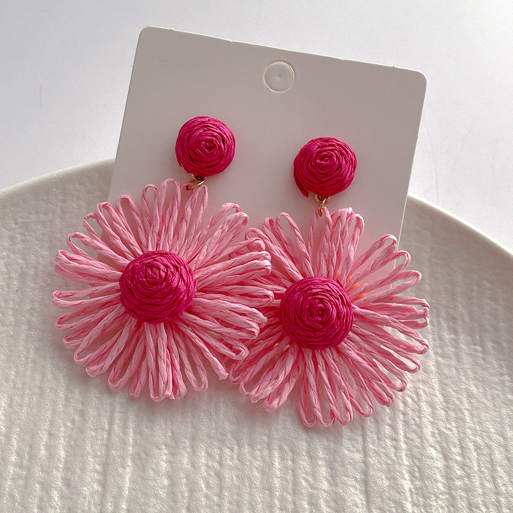 1 Pair Vacation Sweet Flower Handmade Raffia Drop Earrings