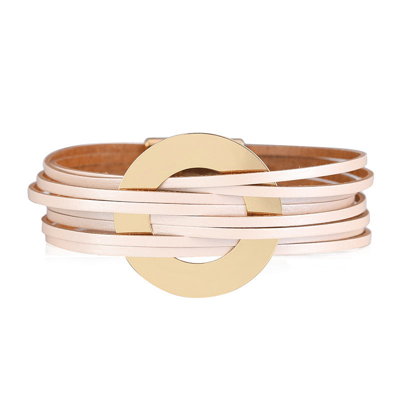 Wholesale Jewelry Simple Style Circle Pu Leather Metal Layered Bracelets