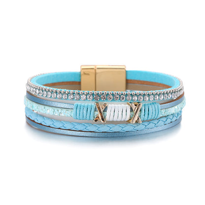 Wholesale Jewelry Vacation Bohemian Round Letter Pu Leather Rhinestones Layered Inlay Bangle