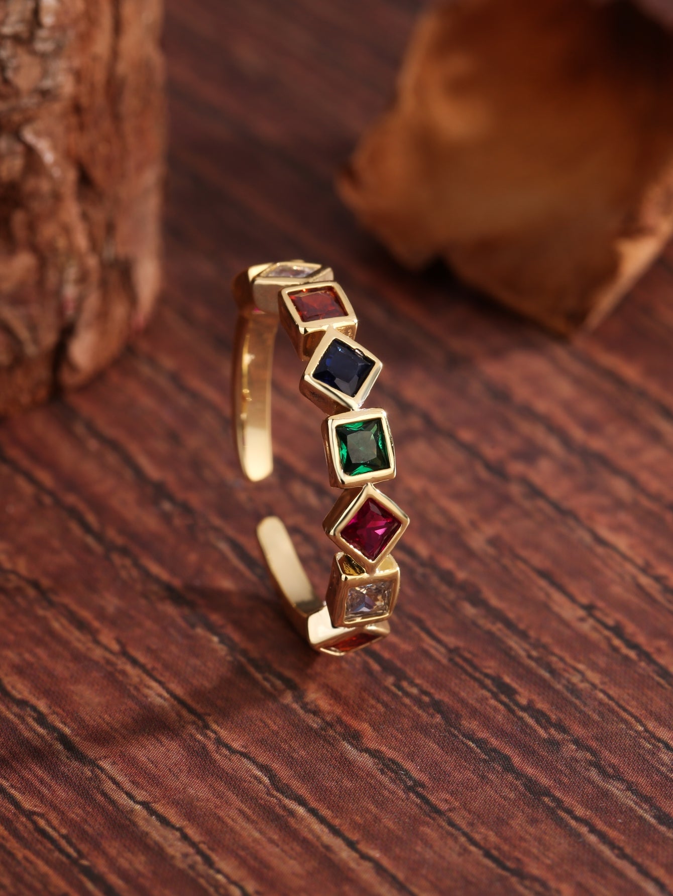 Vintage Style Square Copper Plating Inlay Zircon 18k Gold Plated Rings