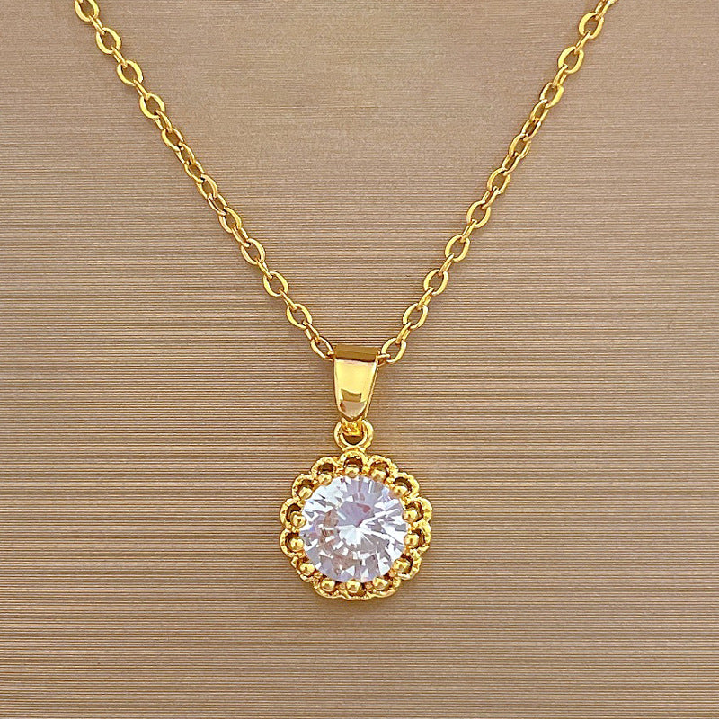 Elegant Sweet Round Stainless Steel Copper Inlay Zircon Pendant Necklace