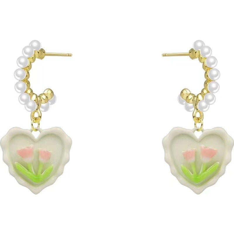 1 Pair Sweet Heart Shape Flower Enamel Inlay Alloy Artificial Pearls Drop Earrings