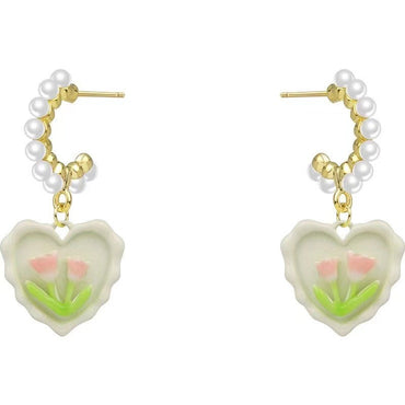 1 Pair Sweet Heart Shape Flower Enamel Inlay Alloy Artificial Pearls Drop Earrings