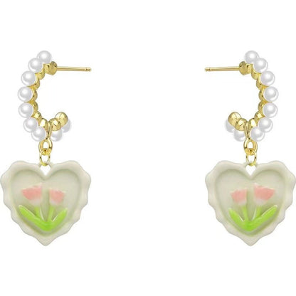 1 Pair Sweet Heart Shape Flower Enamel Inlay Alloy Artificial Pearls Drop Earrings