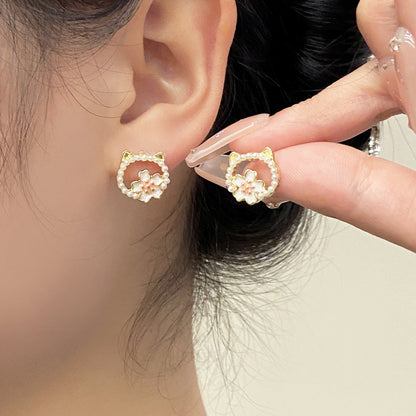 1 Pair Sweet Heart Shape Rose Flower Inlay Imitation Pearl Alloy Rhinestones Earrings