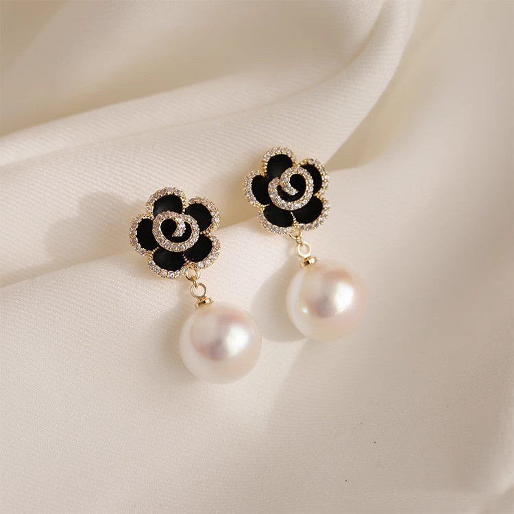 1 Pair Sweet Heart Shape Rose Flower Inlay Imitation Pearl Alloy Rhinestones Earrings